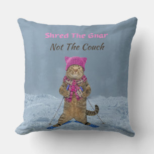 Large Throw Pillow, Shred the Gnar Ski Cat Cushion