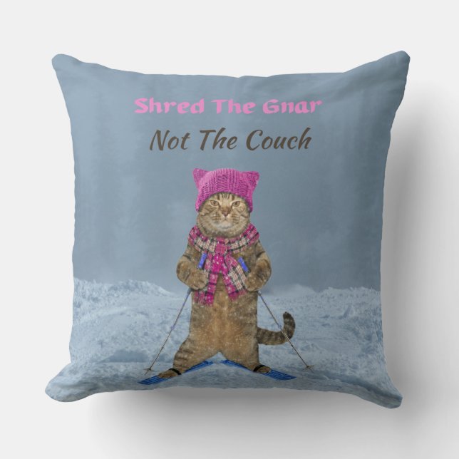 Large Throw Pillow, Shred the Gnar Ski Cat Cushion (Front)
