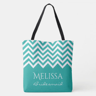 Large turquoise chevron zig zag stripe bridesmaids tote bag