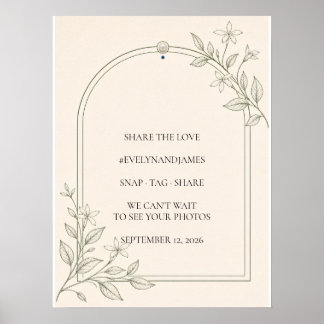 Large Type Olive Botanical Wedding Hashtag Sign