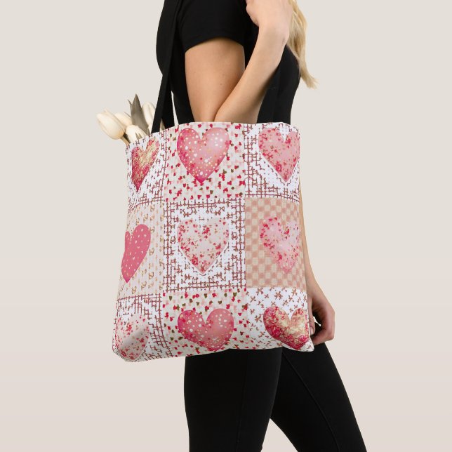 Large Valentine's Patchwork Heart Tote Bag (Close Up)
