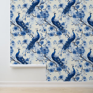 Large Vintage Blue French Chinoiserie Peacock Boho Wallpaper
