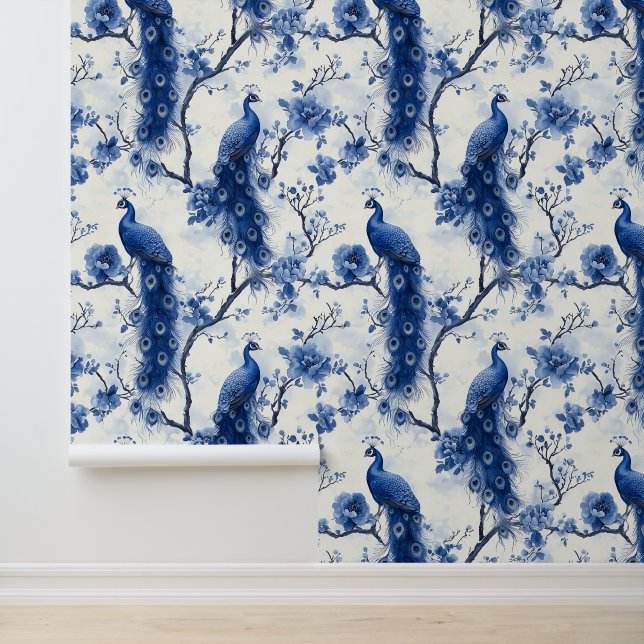 Large Vintage Blue French Chinoiserie Peacock Wallpaper (Application)