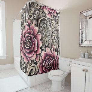 Large Vintage Gothic Pink Flower Pattern Shower Curtain