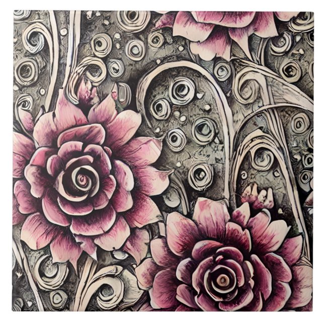 Large Vintage Gothic Pink Flower Pattern Tile (Front)