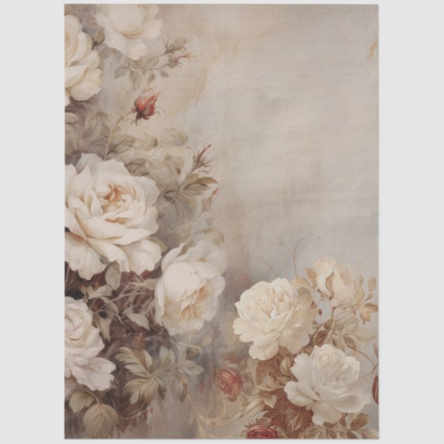 Large Vintage Inspired Elegant White Roses Tissue Paper (Front)