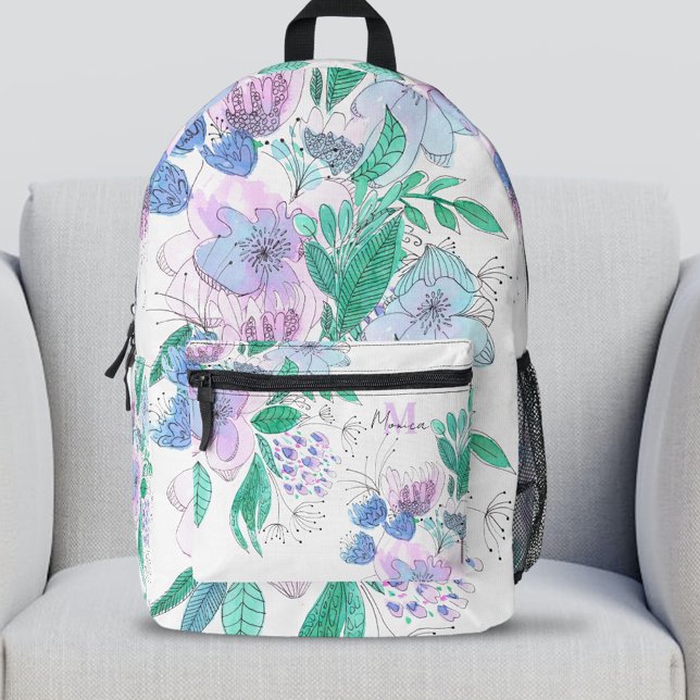 Large Watercolor Doodle Blossoms and Leaves  Printed Backpack (Creator Uploaded)