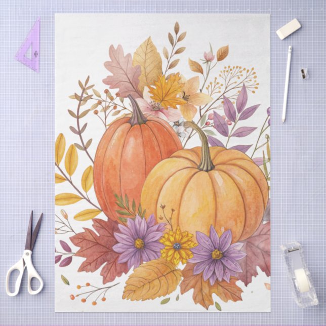Large Watercolor Fall Wildflowers & Pumpkins  Tissue Paper (Craft)