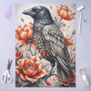 Large Watercolor Floral Black Raven for Decoupage Tissue Paper