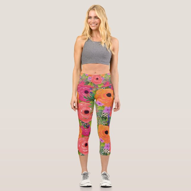 Large Watercolor Flowers Capri Leggings (Front)
