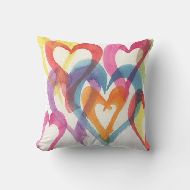 Large Watercolor Multi-coloured Hearts Pillow (Front)