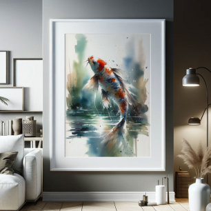 Large Watercolor Painting Colourful Koi Fish Art Poster