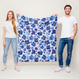 Large Watercolor Style Pansies Purple Blue Floral Fleece Blanket