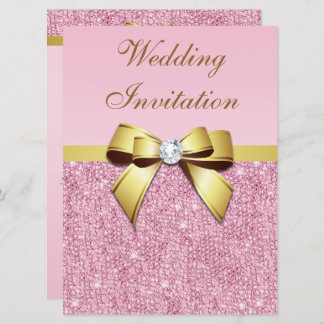 Large Wedding Faux Pink Sequins Gold Bow Invitation