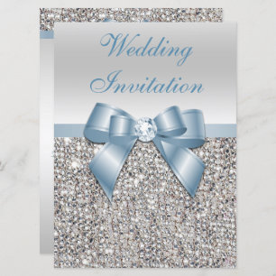 Large Wedding Faux Silver Sequins Dusty Blue Bow  Invitation