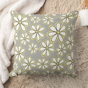 Large White And Yellow Daisy Flowers On Grey Cushion