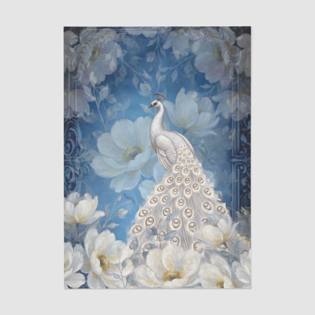 Large White Floral Peacock Decoupage Tissue Paper (Front)
