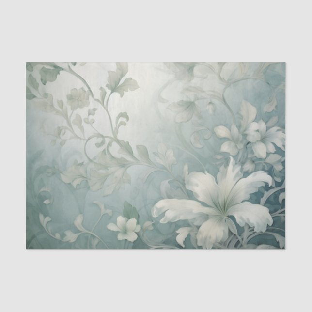 Large White Flowers Scroll Style Leaves and Stems Tissue Paper (Front)