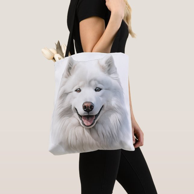LARGE WHITE FLUFFY SAMOYED DOG TOTE BAG (Close Up)