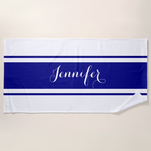 Large White Script Name Navy Blue Stripes on White Beach Towel (Front)