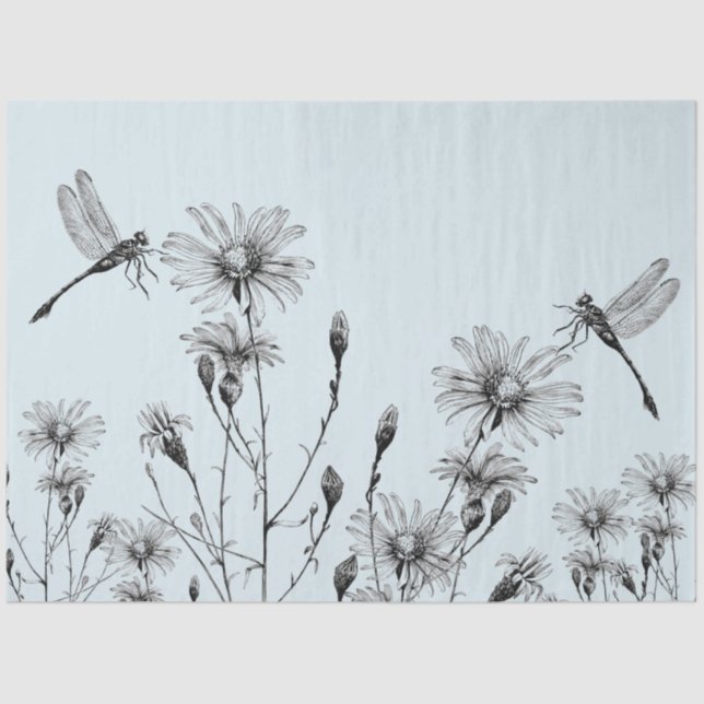 LARGE Wildflower Dragonfly Decoupage Black White Tissue Paper (Front)