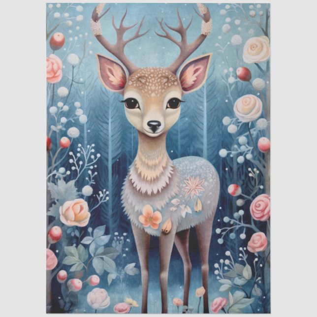 Large Woodland Forest Fawn & Florals Decoupage  Tissue Paper (Front)