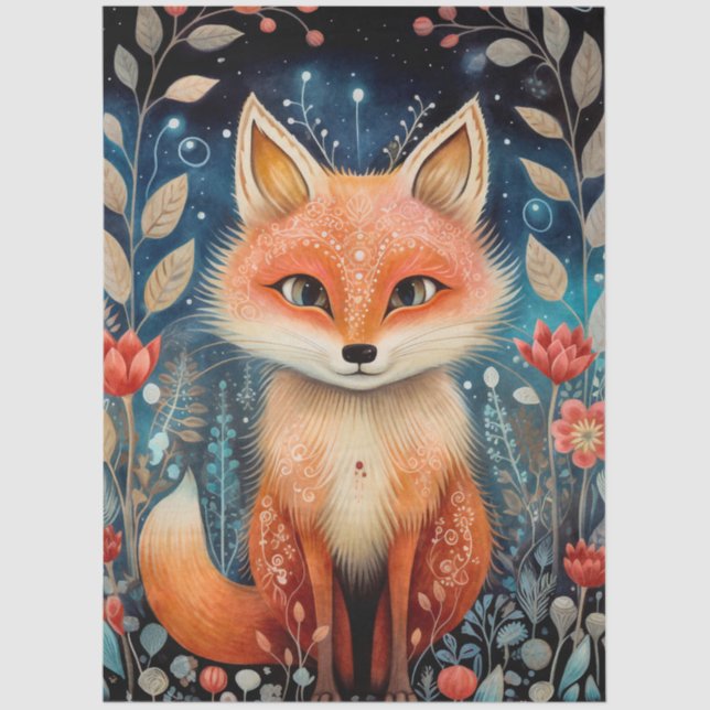 Large Woodland Forest Fox &  Florals Decoupage  Tissue Paper (Front)