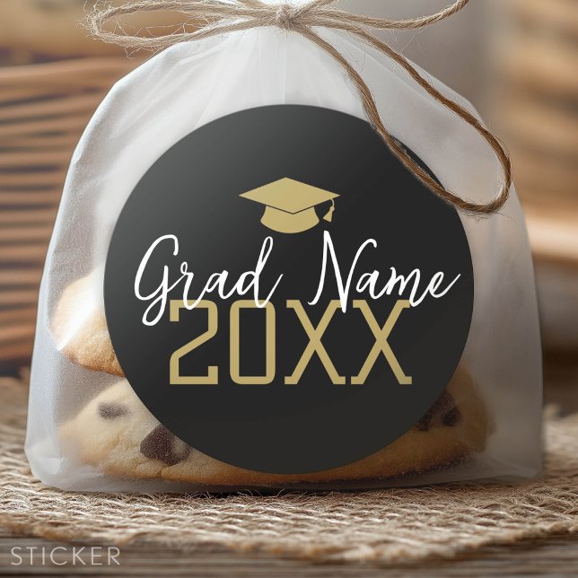 Large Year - Grad Name and Cap - Black Gold Classic Round Sticker (Custom Graduation Sticker - Favor Stickers or Envelope Label)