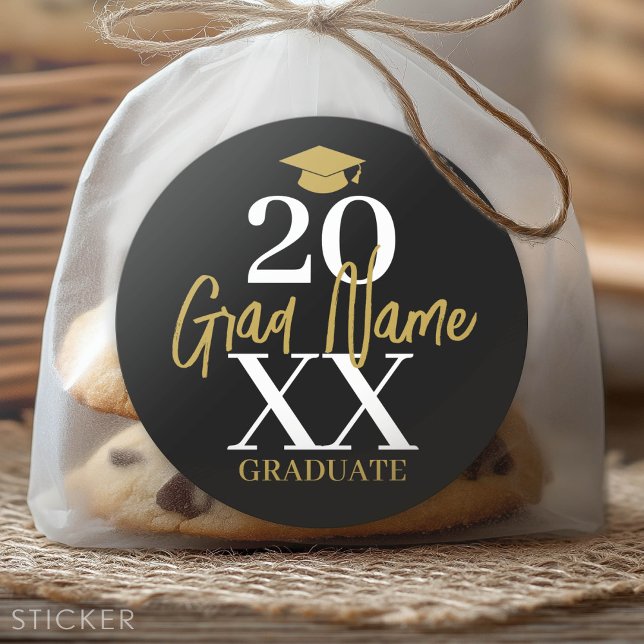 Large Year - Grad Name and Cap - Black Gold Classic Round Sticker (Custom Graduation Sticker - Favor Stickers or Envelope Label)
