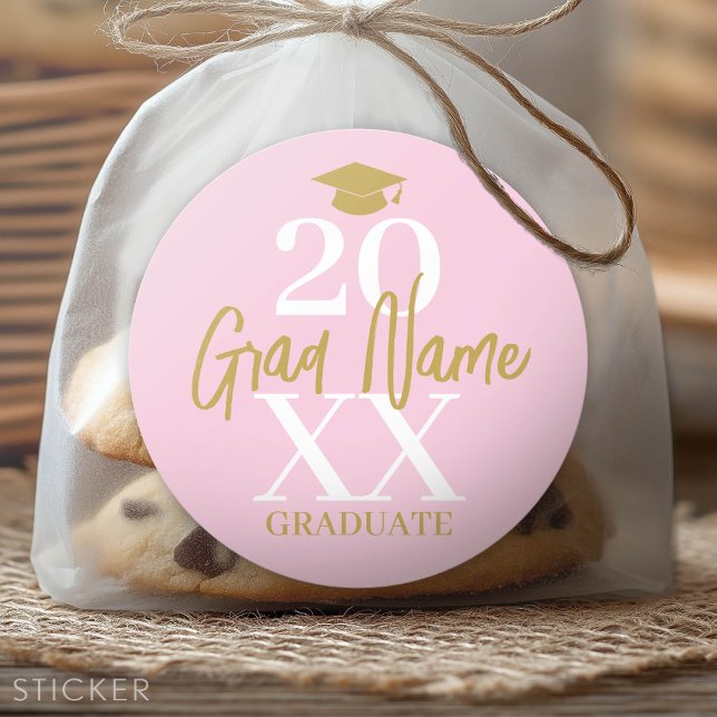 Large Year - Grad Name and Cap - Pink Gold Classic Round Sticker (Custom Graduation Sticker - Favor Stickers or Envelope Label)