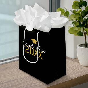Large Year - Name and Cap - Black Gold Graduation Medium Gift Bag