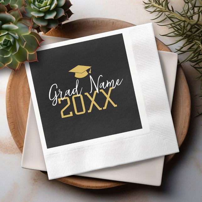 Large Year - Name and Cap - Black Gold Graduation Napkin (Custom Graduation Party Napkin - Modern Black and Gold Design with Grad's Name)