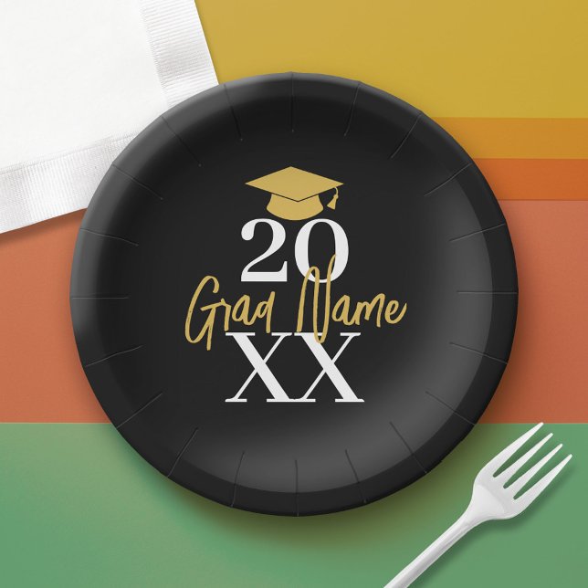 Large Year - Name and Cap - Black Gold Graduation Paper Plate (Custom Graduation Paper Plate)