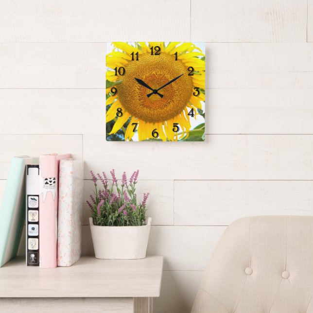 Large Yellow Sunflower Floral Square Wall Clock (Reading Room)