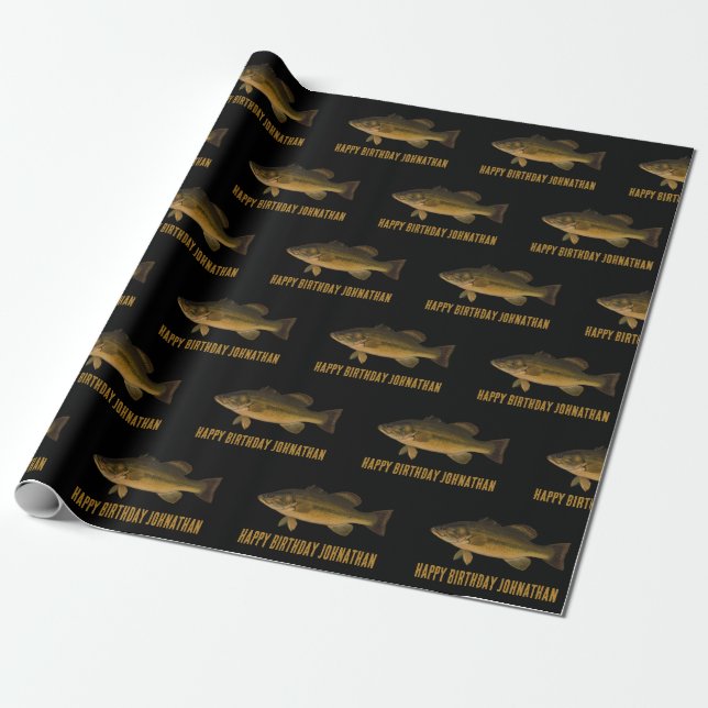 Largemouth Bass Fish Pattern Happy Birthday & Name Wrapping Paper (Unrolled)