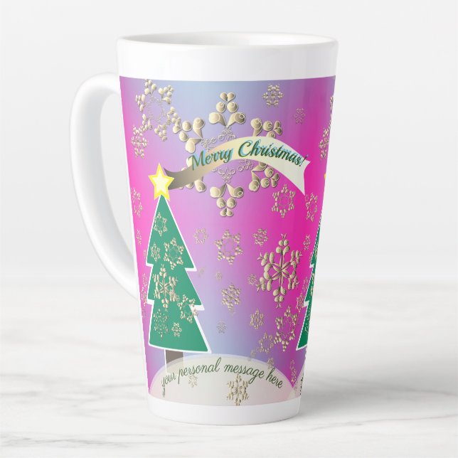 Larger Snowy Purple Christmas Tree Scene Latte Mug (Left Angle)