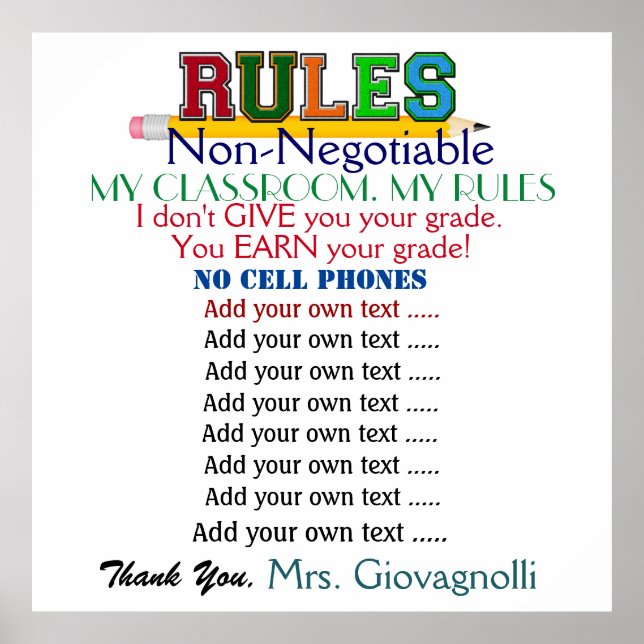 Larger Version Teacher Classroom Rules Poster (Front)