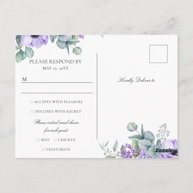 Larissa Purple Floral Meal Choice Wedding RSVP Postcard (Back)