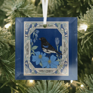 Lark Bunting And Colorado Blue Columbine Glass Tree Decoration