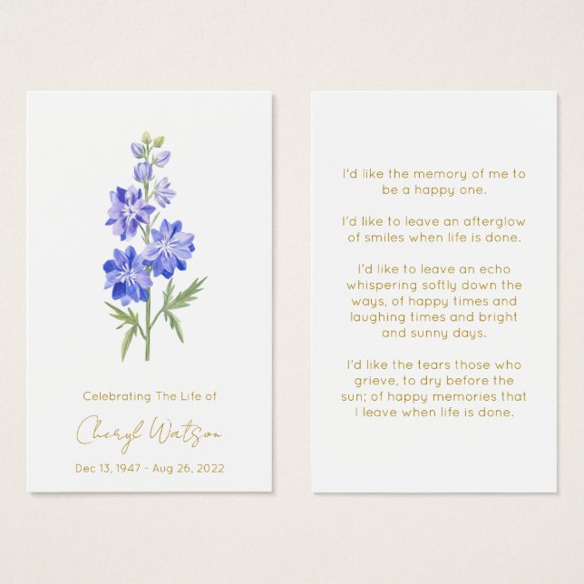 Larkspur | Simple Memorial Prayer Card (Front & Back)
