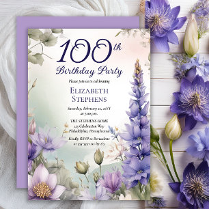 Larkspur   Water Lily Floral 100th Birthday Party Invitation