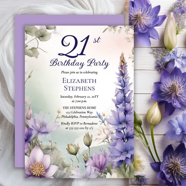 Larkspur | Water Lily Floral 21st Birthday Party Invitation (Elegant Boho Larkspur and Water Lilies Floral 21st Birthday Party Invitation - Print | Digital)