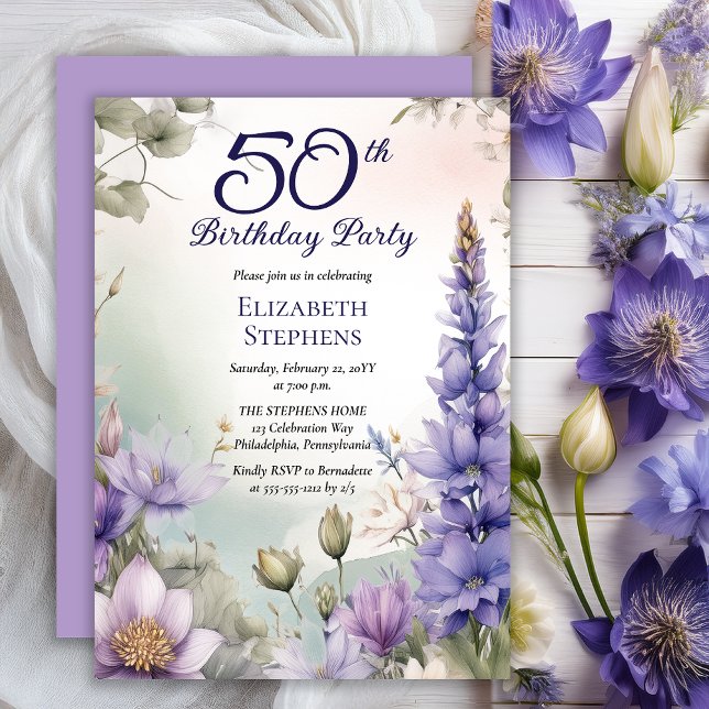 Larkspur | Water Lily Floral 50th Birthday Party Invitation (Elegant Boho Larkspur and Water Lilies Floral 50th Birthday Party Invitation - Print | Digital)