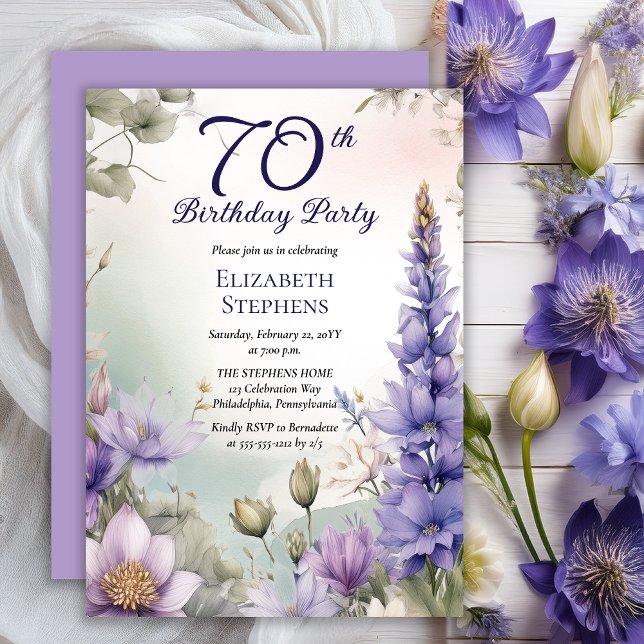 Larkspur | Water Lily Floral 70th Birthday Party Invitation (Elegant Boho Larkspur and Water Lilies Floral 70th Birthday Party Invitation - Print | Digital)