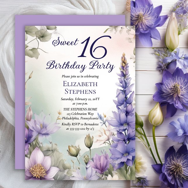 Larkspur Water Lily Floral Sweet 16 Birthday Party Invitation (Elegant Boho Larkspur and Water Lilies Floral Sweet 16 Birthday Party Invitation - Print | Digital)
