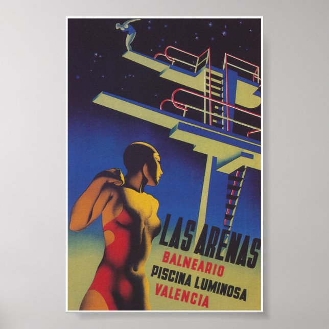 Las Arenas Spain Lighted Pool Vintage Travel Poster (Front)
