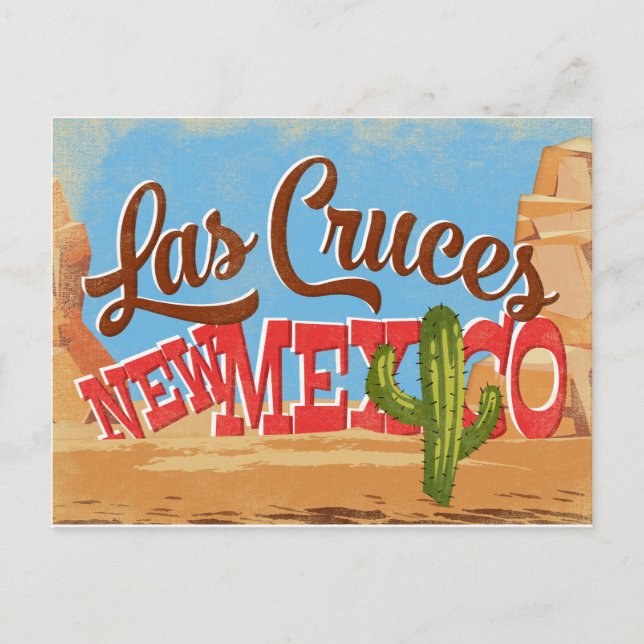 Las Cruces New Mexico Cartoon Desert Retro Travel Postcard (Front)