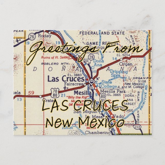 Las Cruces NM Vintage Map Postcard (Front)