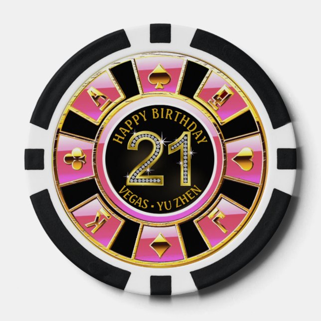 Las Vegas 21st Birthday Casino | pink black gold Poker Chips (Front)