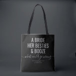 Las Vegas Bachelorette Funny Bride Besties Booze T Tote Bag<br><div class="desc">Funny Black and Grey Las Vegas Bachelorette custom tote bag with "A bride, her besties, and booze ... what could go wrong?" funny quote in modern trendy large font with calligraphy script accent and personalised text for the occasion, date, and location. All colours and fonts are editable if you'd like...</div>